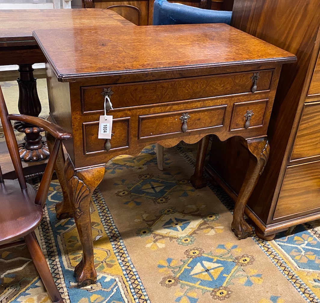 A reproduction George I style walnut and bird's eye maple lowboy, width 74cm, depth 45cm, height 79cm